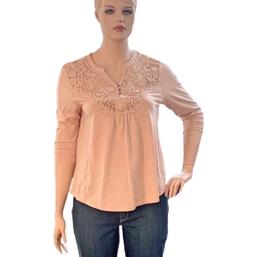 Style & Co Embroidered Boho Smock Top Ruching 3/4 Sleeves Size XL Nude Blush NEW